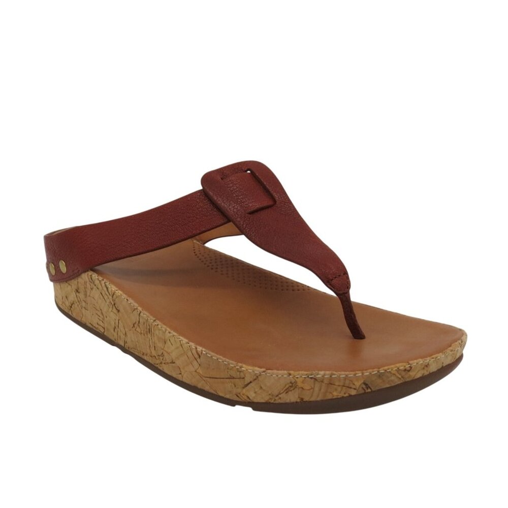 FITFLOP Women's Brown Leather Ibiza Cork Wedge Sandals Size 8 Studded Thong